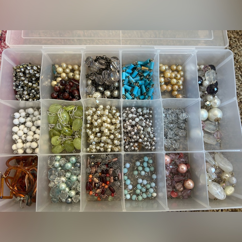 Box full oh AMAZING VINTAGE BEADED CHAIN and rhinestones